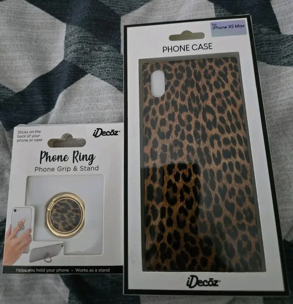 iDecoz Leopard Print iPhone XS Max Case & Matching Phone Ring Grip Stand Set NEW